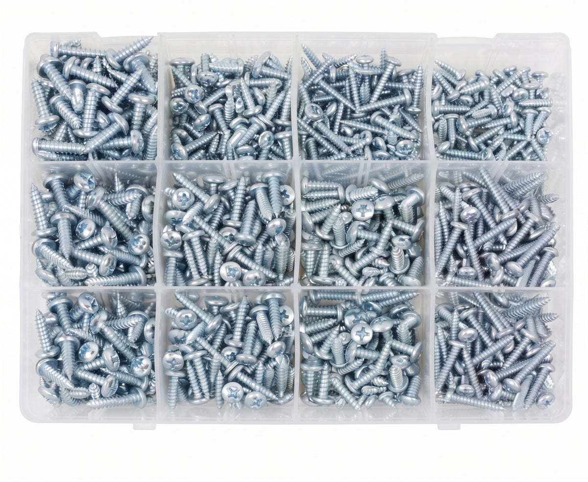 800pc Assorted Self Tapping Screws Box - Pan Head Pozi, No 6 to 12