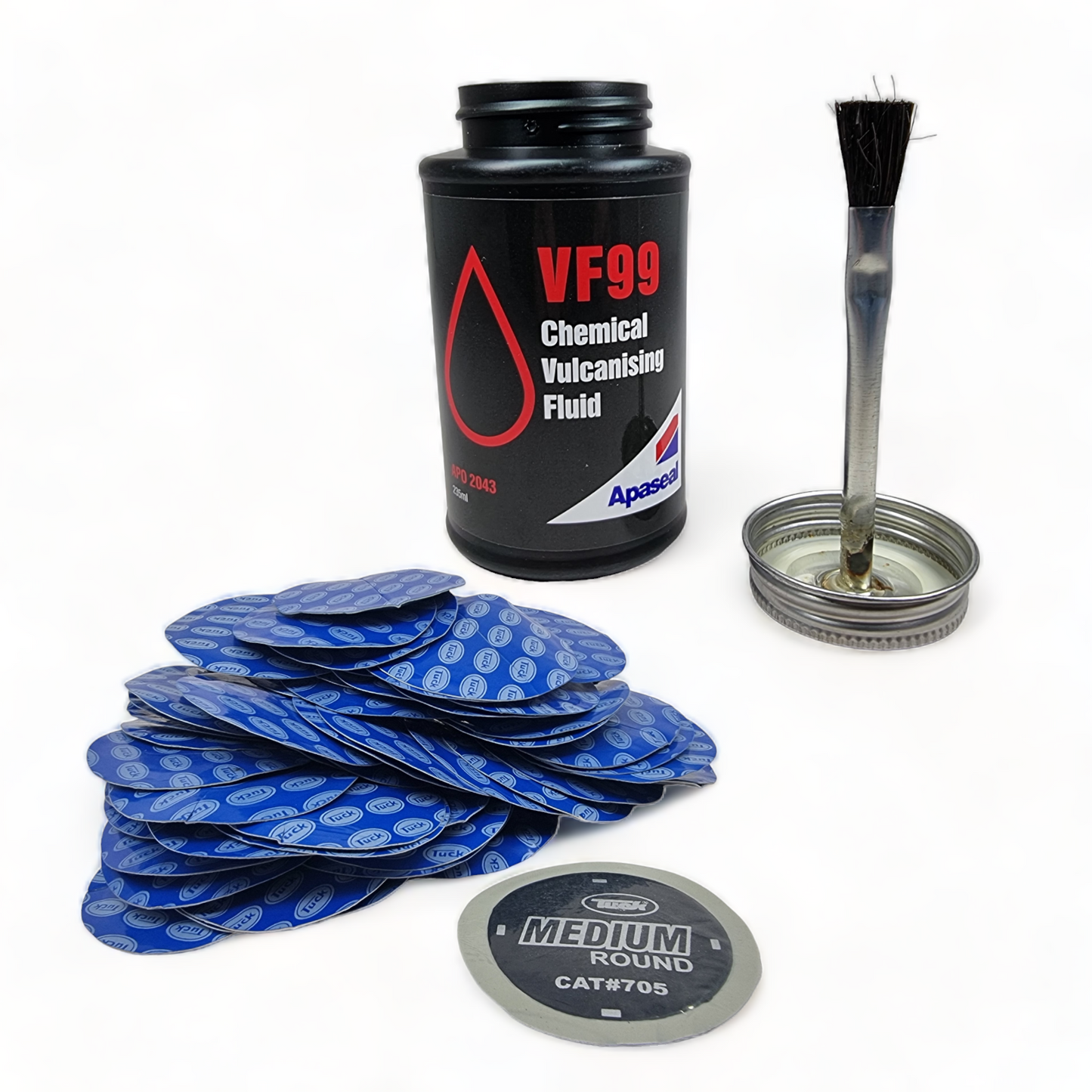 Vulcanising Cement Tyre Repair Kit – 235ml Glue with Brush & 50 Round Patches