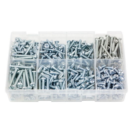 500pc Assorted Self Tapping Screws Box - BZP Type AB, 10 & 12 Gauge