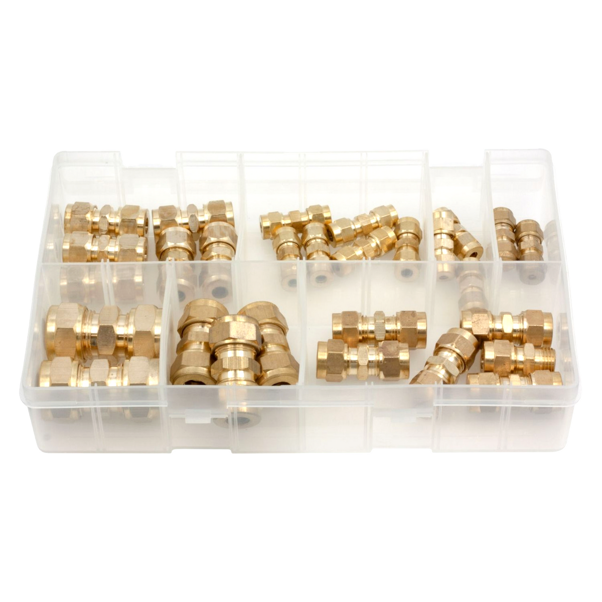 28pc Assorted Brass Compression Couplings Box - Imperial, 1/8in to 1/2in