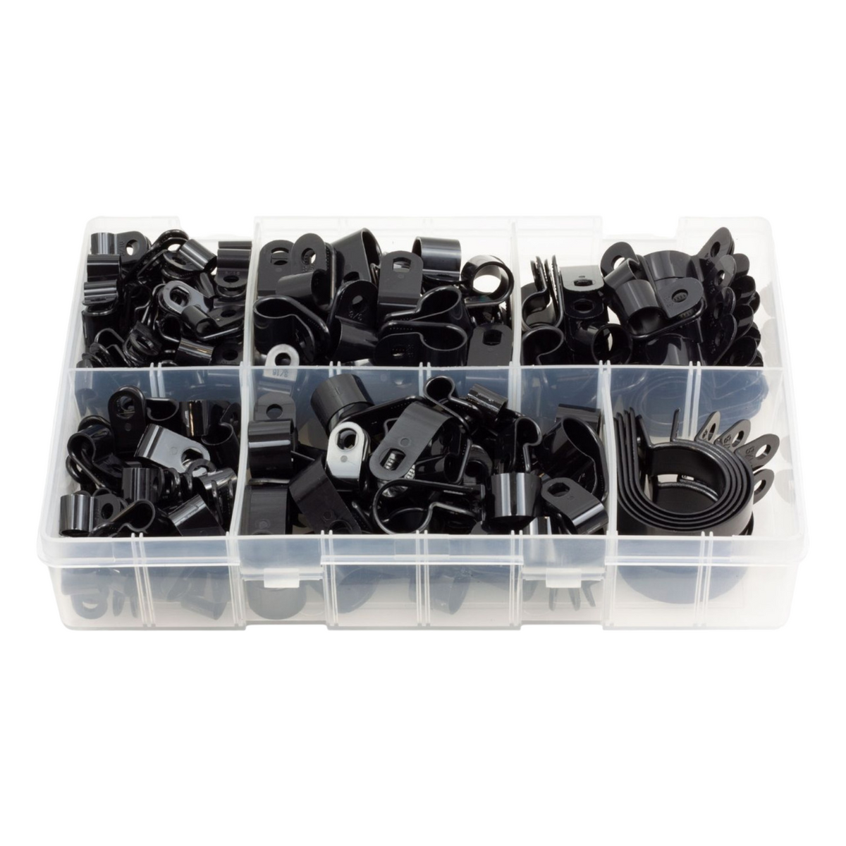 210pc Assorted P Clips Box - Black Nylon, 4.8mm to 27.9mm