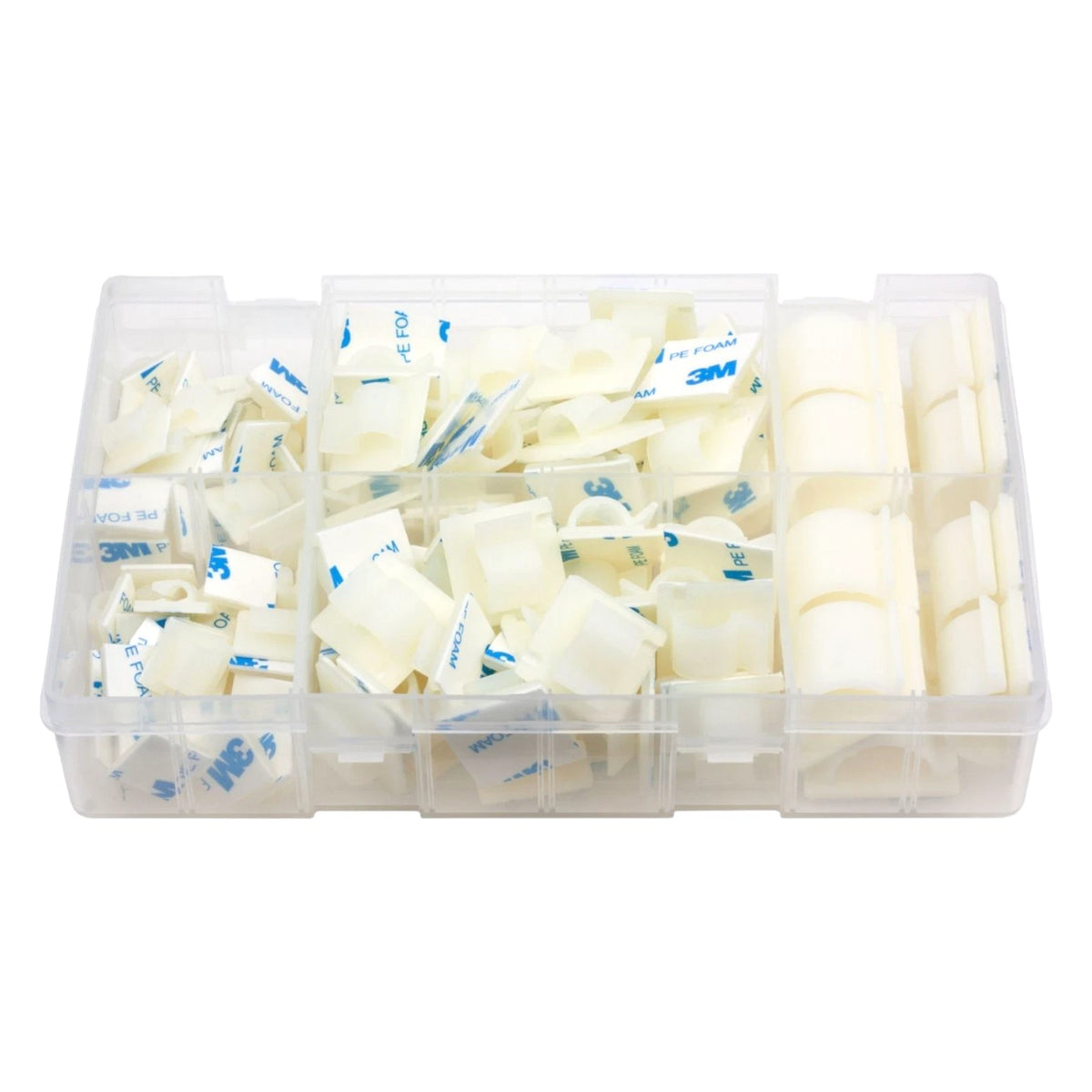 122pc Assorted Self Adhesive Cable Clips Box - White Nylon, 5mm to 14mm