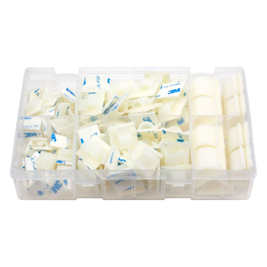 122pc Assorted Self Adhesive Cable Clips Box - White Nylon, 5mm to 14mm