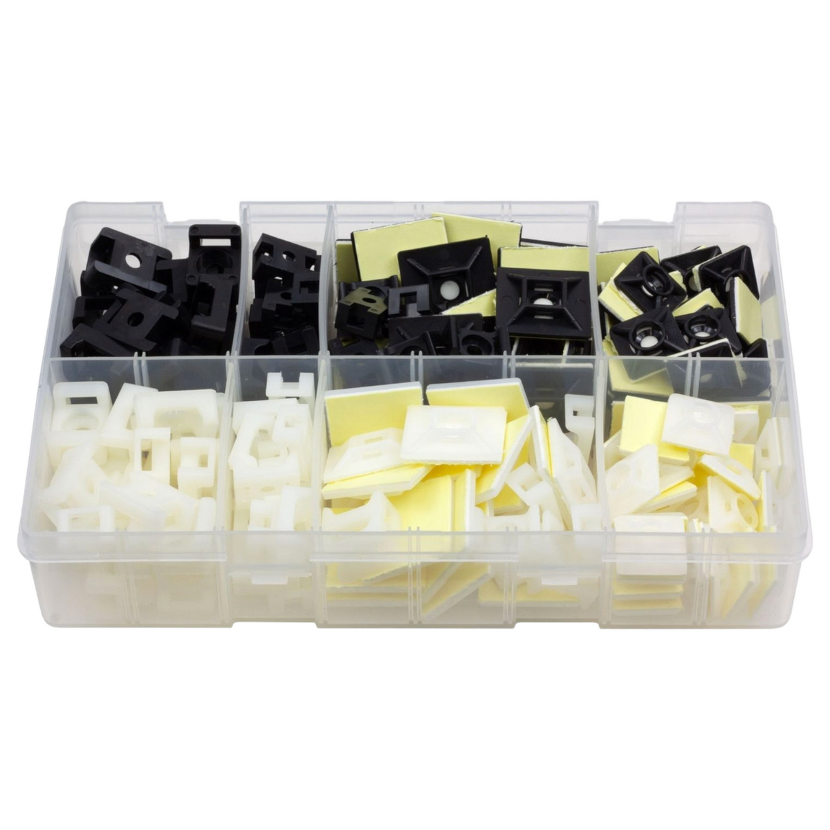 180pc Assorted Cable Tie Bases & Cradles Box - Black & White, 4 Sizes
