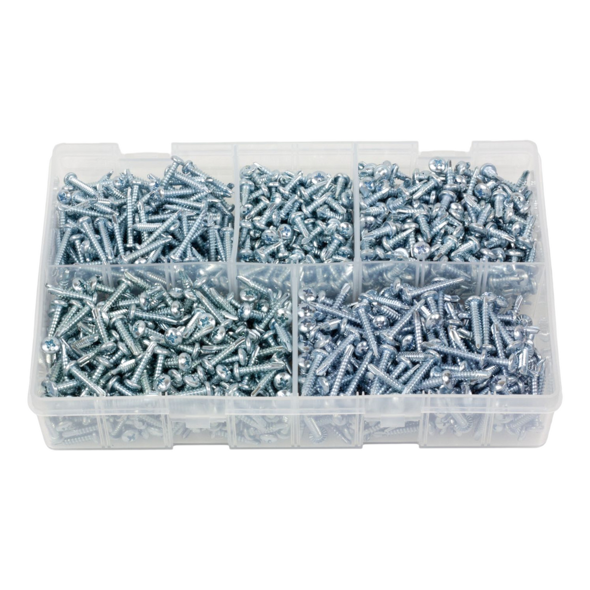 1200pc Assorted Self Drilling Screws Box - BZP Pozi Pan, 6 to 8 Gauge