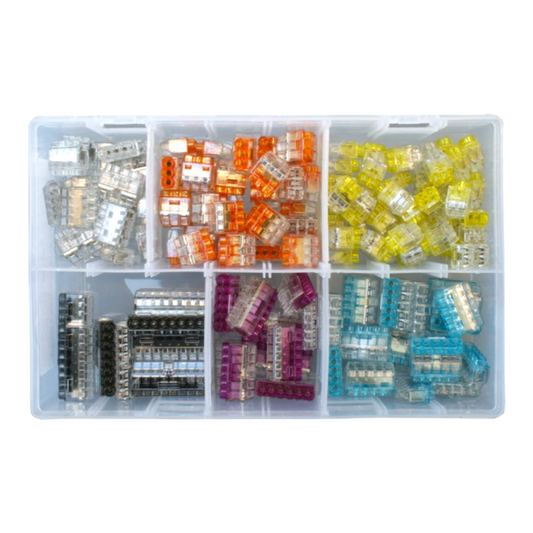 150Pcs Assorted HELACON Plus Mini Push-Fit Wire Connectors Box – 2 to 8 Way Electrical Terminals