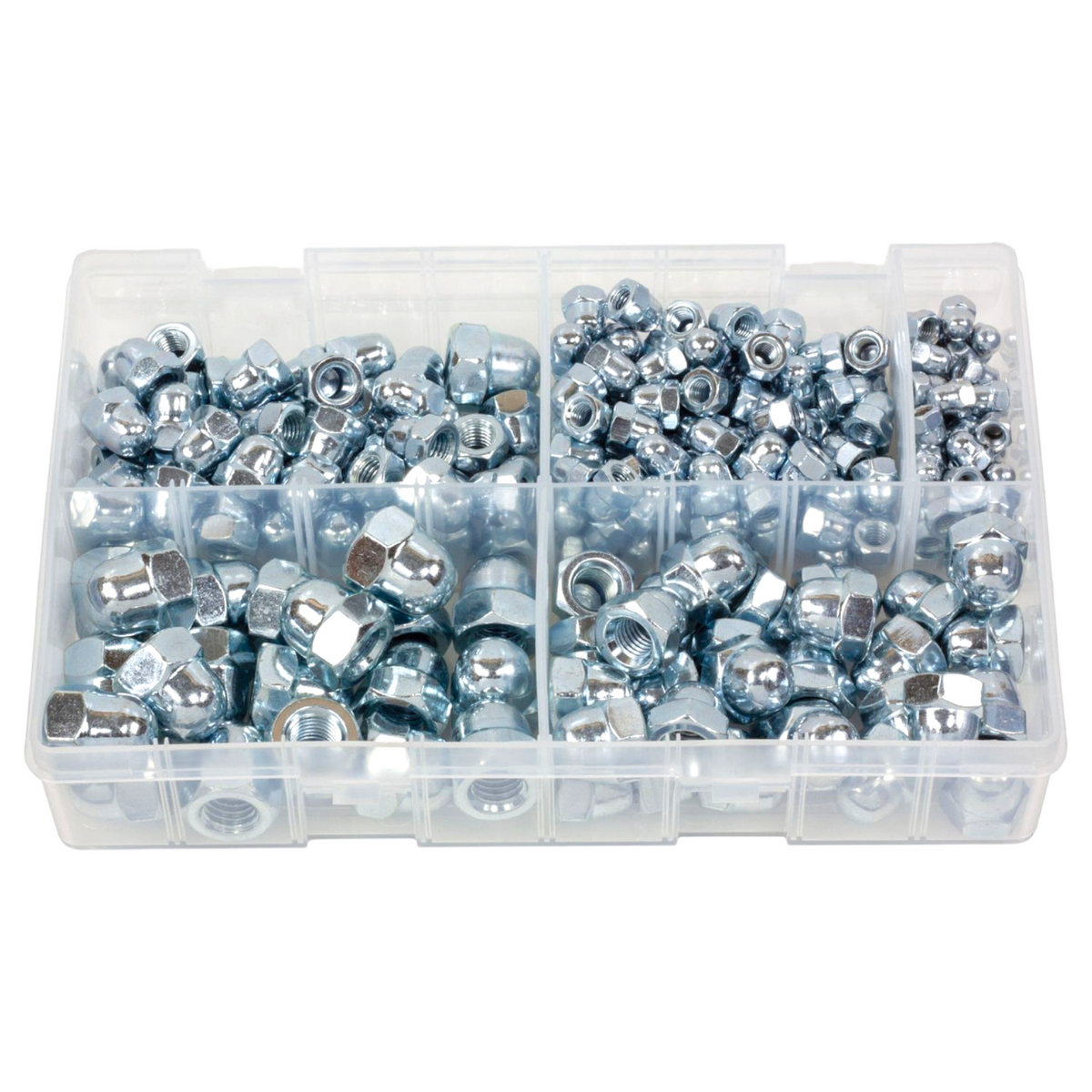 250pc Assorted Dome Nuts Box - BZP Steel, M5 to M12