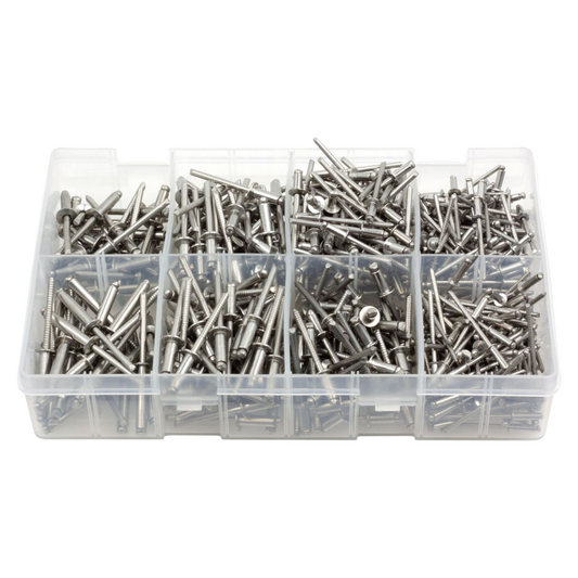 500pc Assorted Stainless Steel Rivets Box - Blind Pop Rivets, 3.2 to 4.8mm