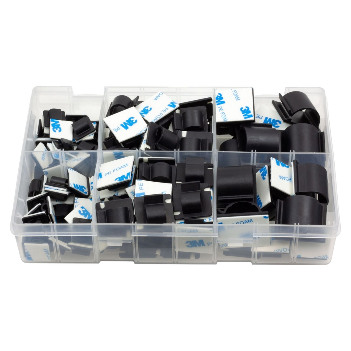 122pc Assorted Self Adhesive Cable Clips Box - Black Nylon, 5mm to 14mm