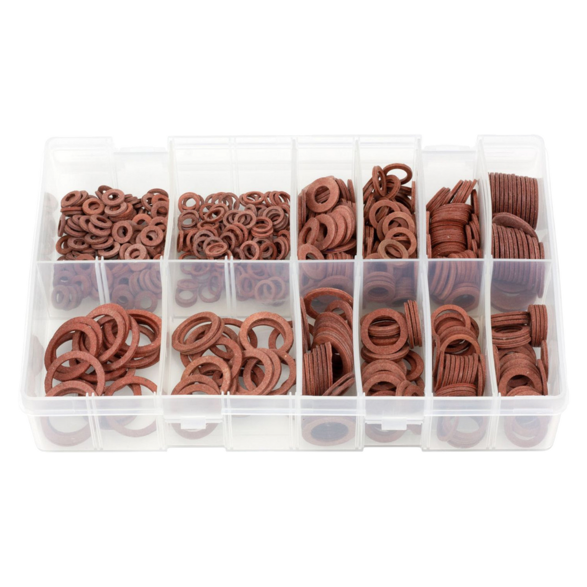 600pc Assorted Metric Fibre Washers Box - M5 to M18, Red Sealing