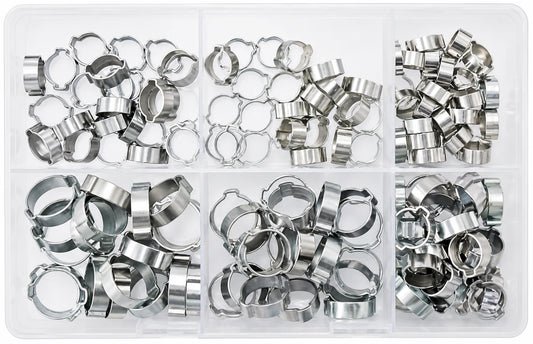 140pc Assorted Box of O Clips - Double Ear Clamps, 8mm-20mm
