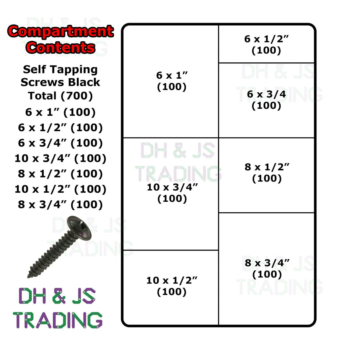 700pc Assorted Black Flange Self Tapping Screws Box - No 6 to 10