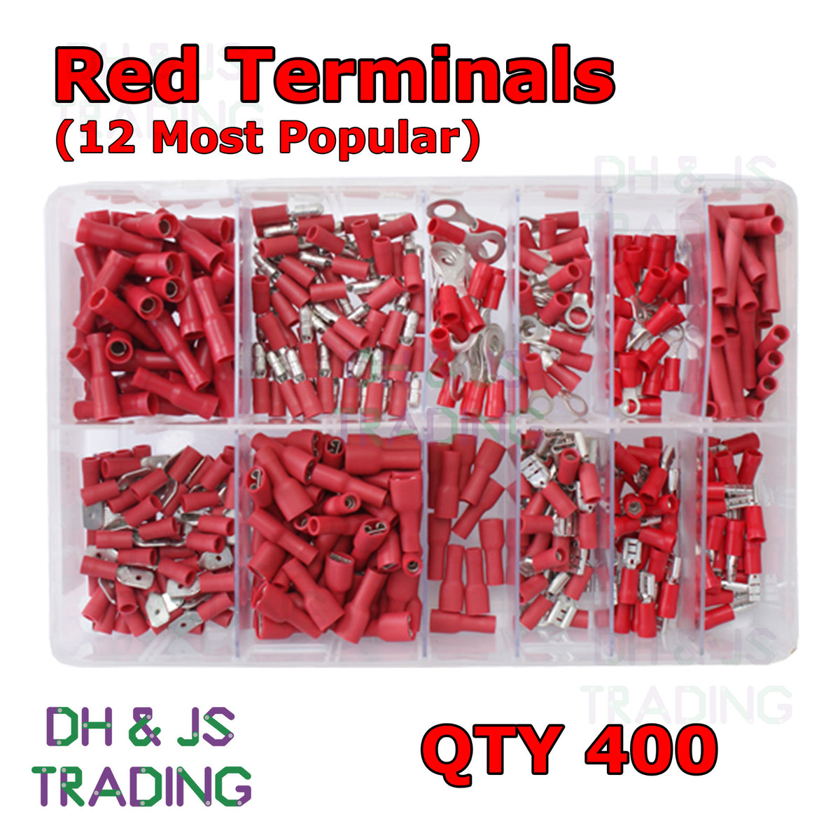 400pc Assorted Red Crimp Terminals Box - 12 Types, 0.5-1.5mm