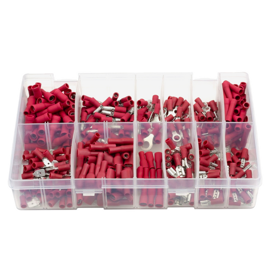 400pc Assorted Red Crimp Terminals Box - 12 Types, 0.5-1.5mm