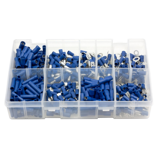 400pc Assorted Blue Crimp Terminals Box - 10 Types, 1.5-2.5mm