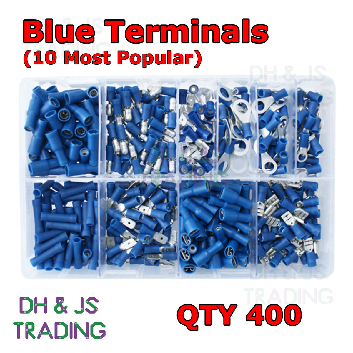 400pc Assorted Blue Crimp Terminals Box - 10 Types, 1.5-2.5mm