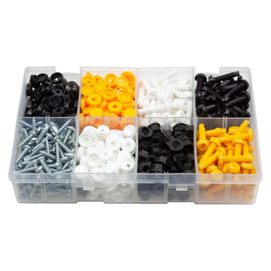 600pc Number Plate Fasteners Box - Flip Top Caps, Screws & Nut Screws