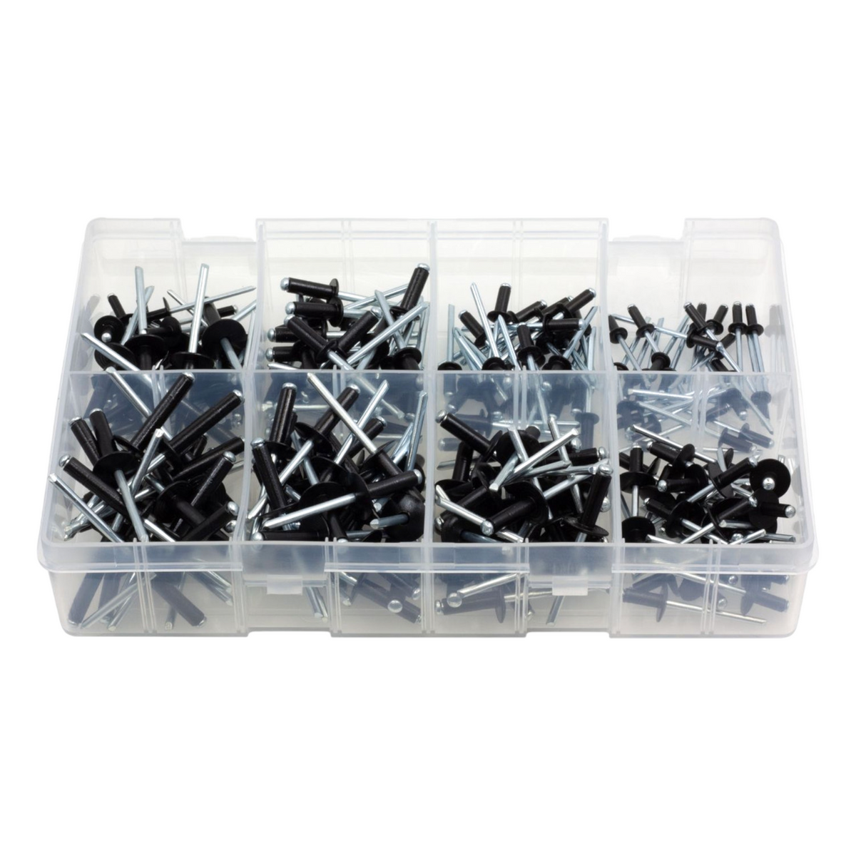 200pc Assorted Black Pop Rivets Box - Aluminium, 8 Sizes