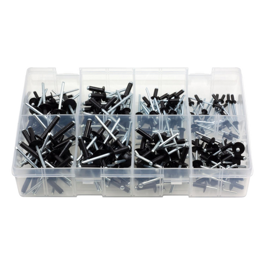 200pc Assorted Black Pop Rivets Box - Aluminium, 8 Sizes