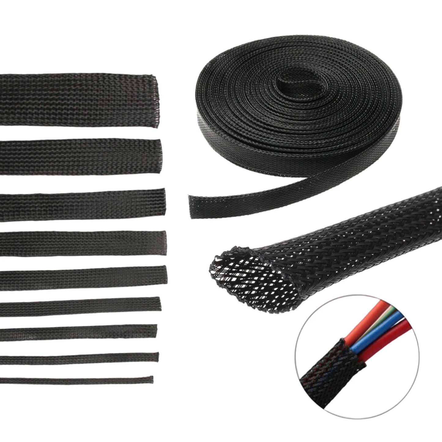Expandable Braided Cable Sleeving – Flexible Wire Harness Protection | Black Polyester Braided Sleeving