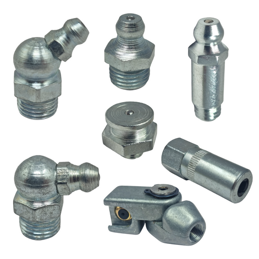 Grease Nipples – M6 M8 M10 1/4" UNF 1/8 BSP | Straight, 45°, 90°, Button Head, Slide-On & 4-Jaw*
