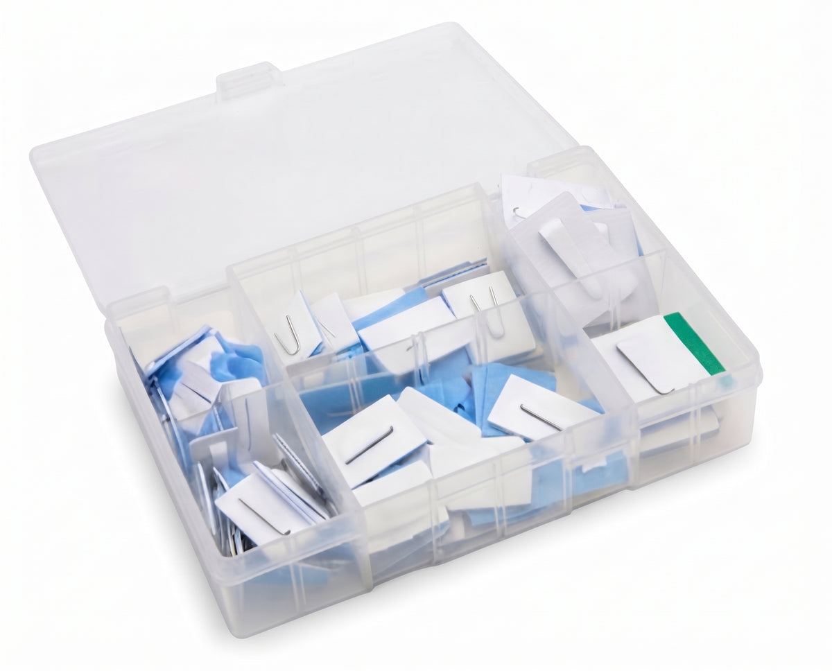 100pc Assorted Coated Steel Self Adhesive Cable Clips Box - 4 Sizes