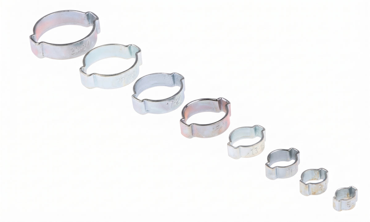 Double Ear O Clips - Crimp Hose Clamps, 8mm-23mm