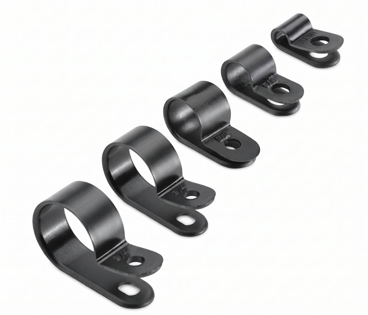 210pc Assorted P Clips Box - Black Nylon, 4.8mm to 27.9mm