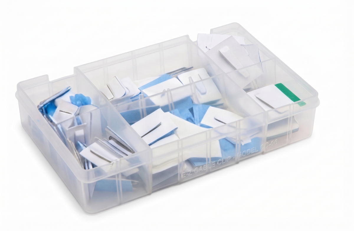 100pc Assorted Coated Steel Self Adhesive Cable Clips Box - 4 Sizes