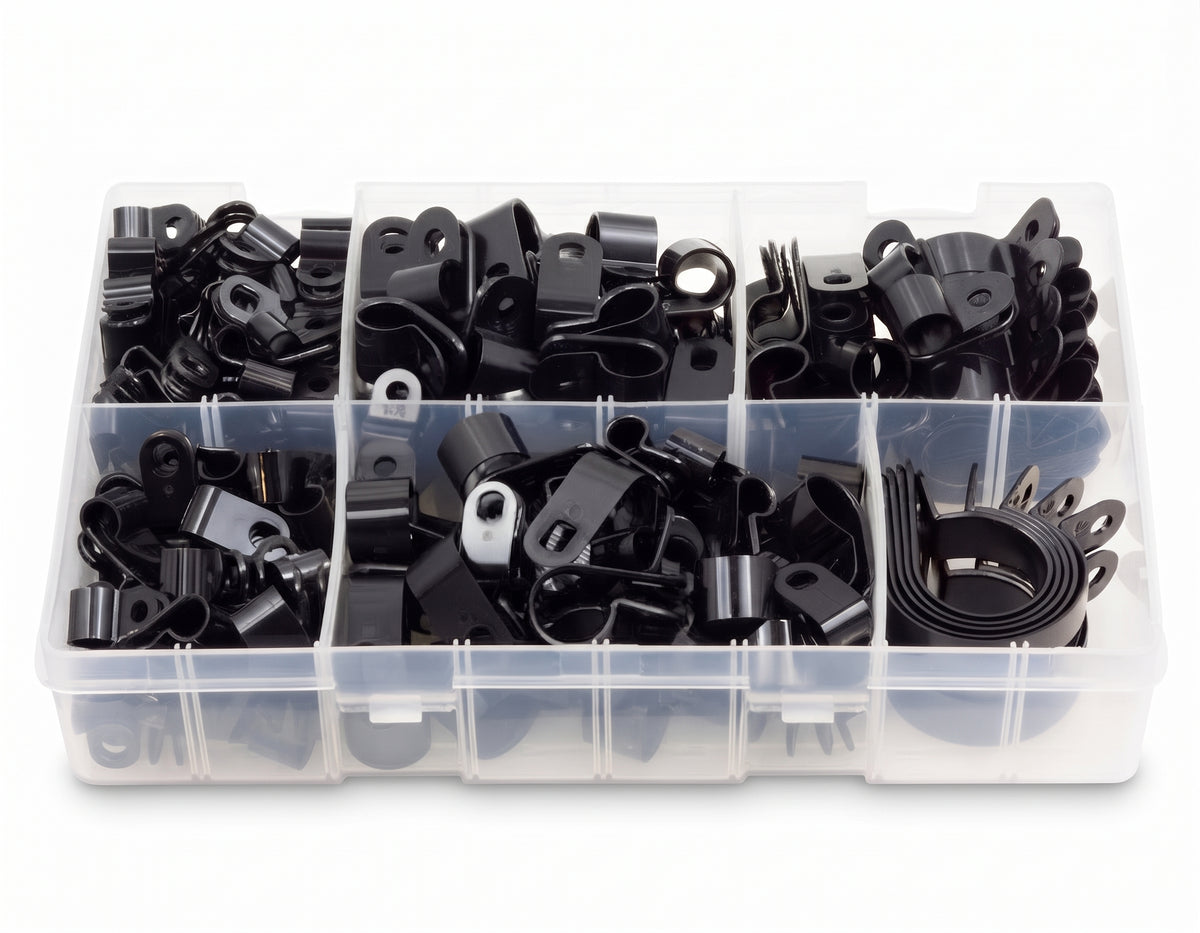 210pc Assorted P Clips Box - Black Nylon, 4.8mm to 27.9mm