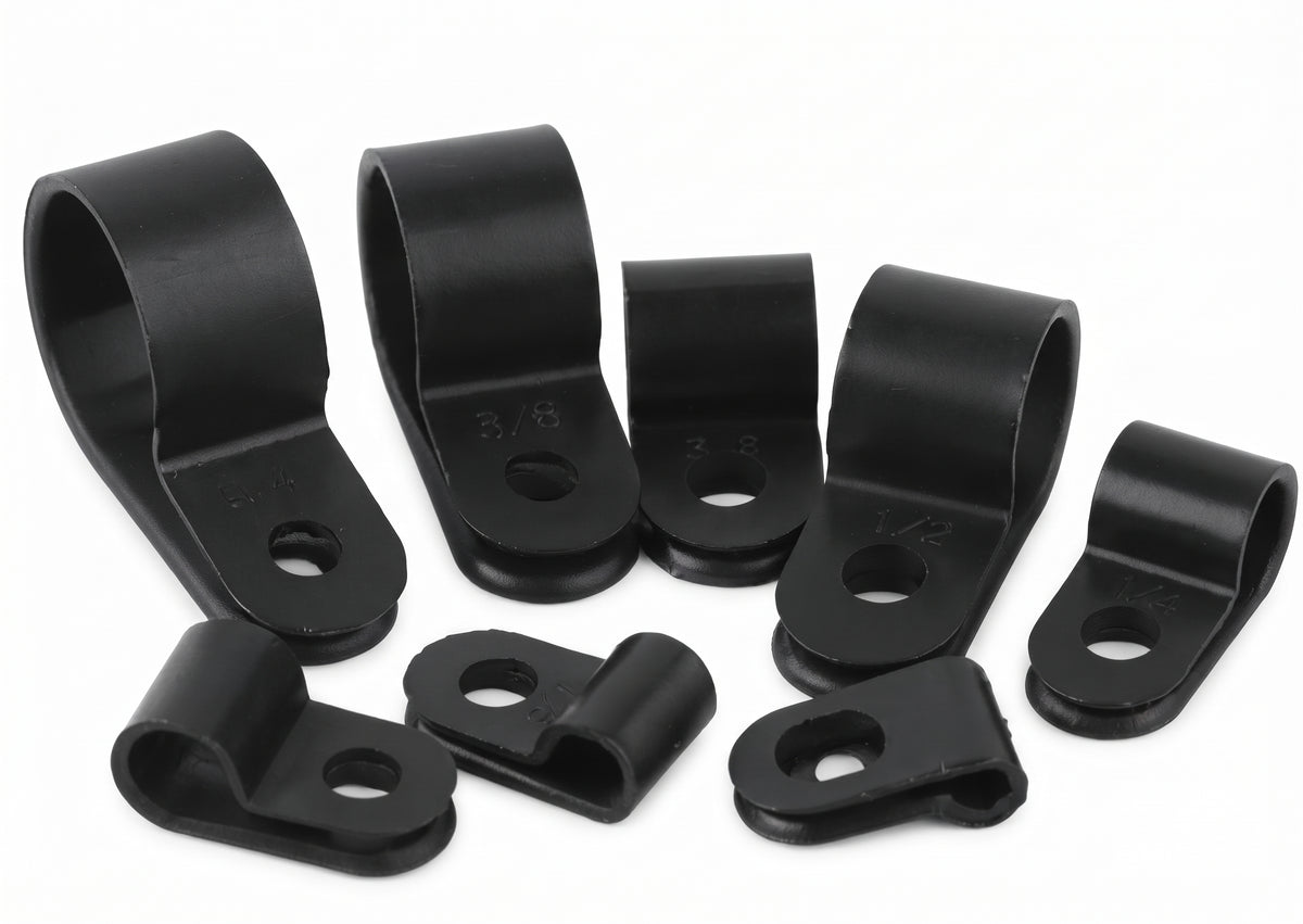 210pc Assorted P Clips Box - Black Nylon, 4.8mm to 27.9mm