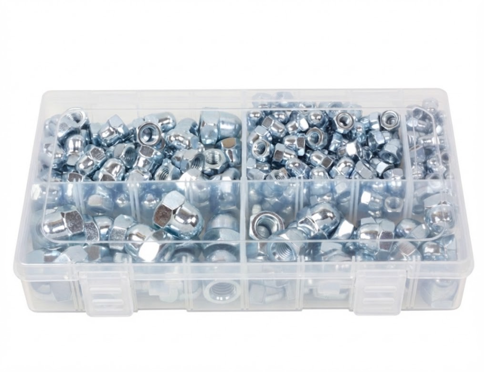 250pc Assorted Dome Nuts Box - BZP Steel, M5 to M12