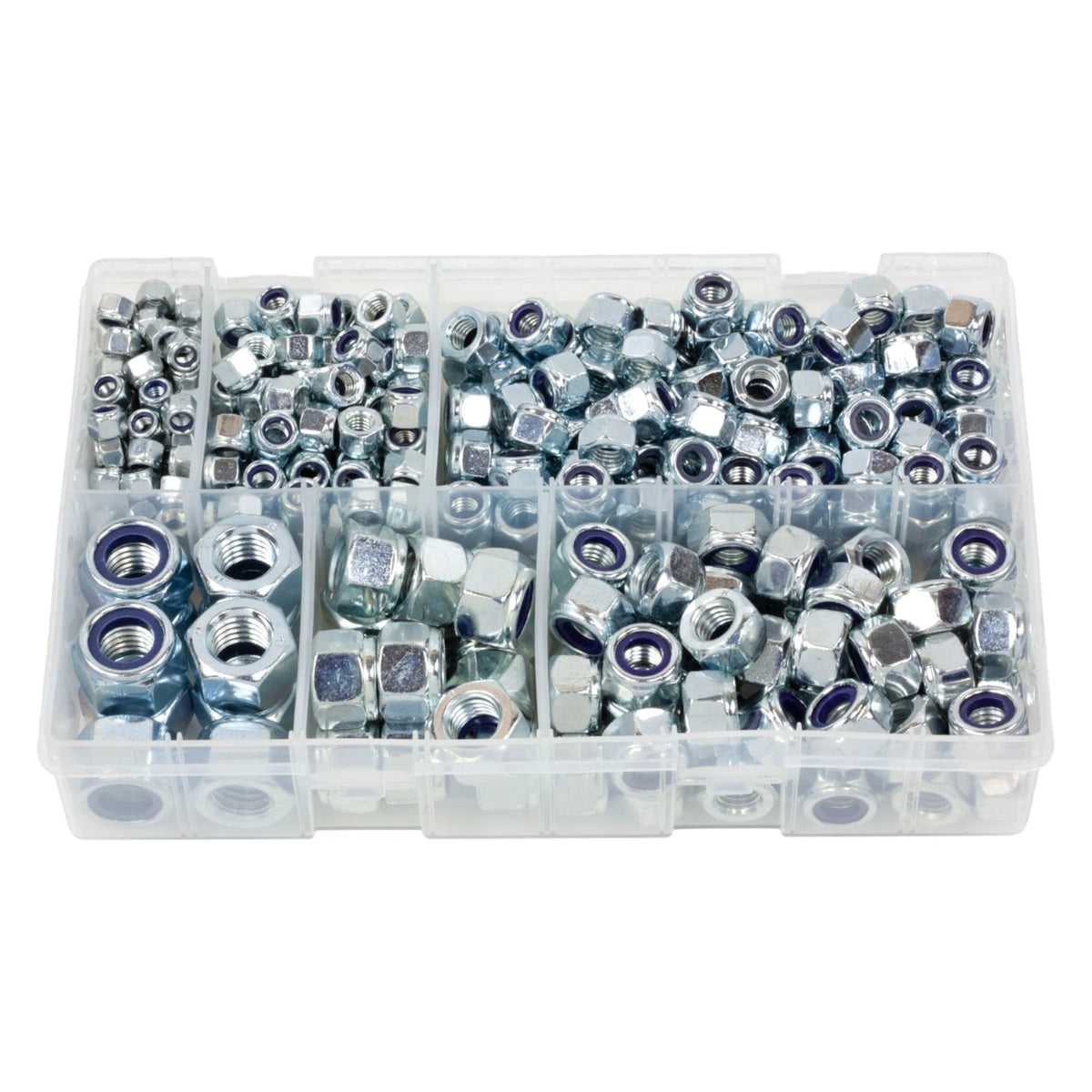 400pc Assorted Nyloc Nuts Box - M5 to M14, Nylon Insert