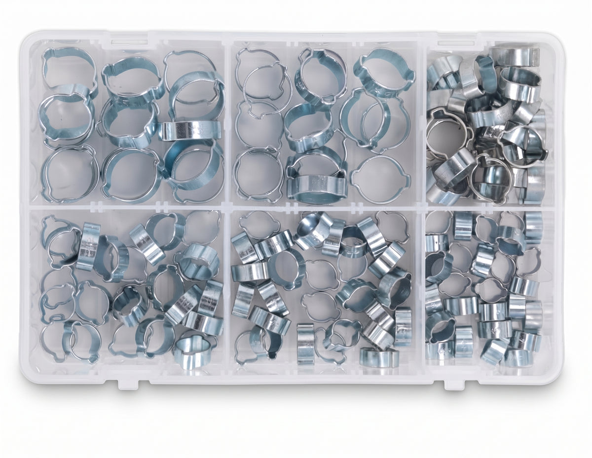 140pc Assorted O Clips Box - Single Ear Hose Clamps, 8-20mm